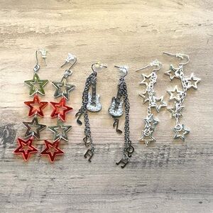 3 Pairs Of Cute Drop Earrings. Guitar & Silver Red Stars Dangle Hang Earrings 🎸